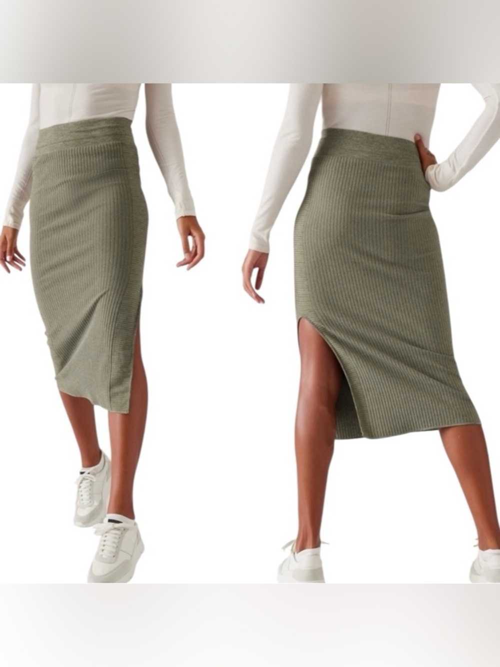 Athleta Grey-Olive Ribbed Midi Skirt with Slit on One Side